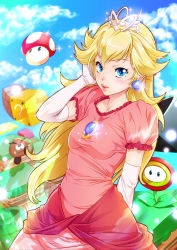 Rule 34 | 1girl, ? block, absurdres, arm at side, ats2nd, bad id, bad pixiv id, block (object), blonde hair, blue eyes, blue sky, breasts, bridal gauntlets, cloud, day, dress, earrings, fire flower, goomba, hand up, highres, jewelry, long hair, mario (series), mushroom, nintendo, outdoors, parted lips, pink dress, princess peach, sky, small breasts, sparkle, standing, tiara