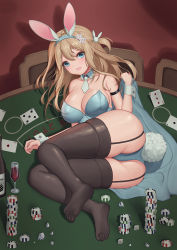 Rule 34 | 1girl, alcohol, animal ears, ass, baeg mi, black thighhighs, blonde hair, blue eyes, blush, bottle, breasts, card, chair, cleavage, cup, drinking glass, fake animal ears, garter straps, girls&#039; frontline, hair ornament, hairband, highres, large breasts, leotard, long hair, looking at viewer, lying, no shoes, on table, open mouth, playboy bunny, poker, poker chip, poker table, snowflake hair ornament, soles, solo, suomi (girls&#039; frontline), table, thighhighs, thighs, wine, wine bottle, wine glass