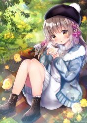 Rule 34 | 1girl, absurdres, animal, bento, beret, bird, black hat, blue jacket, blush, boots, braid, brown eyes, brown footwear, chestnut mouth, chick, commentary request, cross-laced footwear, cup, day, dress, fingernails, food, hair ribbon, hat, head tilt, highres, holding, holding cup, huge filesize, jacket, knees up, kohaku muro, lace-up boots, light brown hair, long hair, long sleeves, nail polish, open clothes, open jacket, original, outdoors, parted lips, pink nails, purple ribbon, ribbed legwear, ribbon, sitting, sleeves past wrists, socks, solo, steam, sweater, sweater dress, twitter username, white socks, white sweater