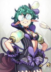 Rule 34 | 1girl, breasts, cleavage, curly hair, dated, eyepatch, glasses, gloves, hands on own hips, hat, highres, jacket, looking at viewer, nintendo, opaque glasses, pandoria (xenoblade), pointy ears, short hair, simple background, smile, striped clothes, striped jacket, tonami kanji, top hat, vertical-striped clothes, vertical-striped jacket, xenoblade chronicles (series), xenoblade chronicles 2