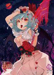 Rule 34 | 1girl, arm up, artist name, bad id, bad twitter id, bare shoulders, bare tree, bat (animal), black sash, blue hair, bow, breasts, cleavage, clothing cutout, commentary, dress, fangs, flower, full moon, gotou (nekocat), hair between eyes, hat, hat bow, holding, holding polearm, holding spear, holding weapon, looking at viewer, medium breasts, mob cap, moon, nail polish, night, night sky, open mouth, outdoors, petals, pink dress, polearm, puffy short sleeves, puffy sleeves, red bow, red eyes, red flower, red moon, red nails, red rose, remilia scarlet, rose, rose petals, sash, short hair, short sleeves, shoulder cutout, signature, sky, solo, spear, spear the gungnir, touhou, tree, weapon, white hat, wrist cuffs