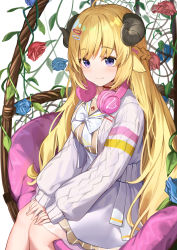 Rule 34 | 1girl, absurdres, ahoge, animal ears, aran sweater, blonde hair, blue flower, blue rose, bow, braid, cable knit, choker, closed mouth, commentary, curled horns, cushion, flower, hair ornament, hairclip, hands on own knees, headphones, headphones around neck, high-waist skirt, highres, hololive, horns, isaya (pixiv4541633), leaf, legs together, long hair, long sleeves, looking at viewer, official alternate costume, plant, purple eyes, red choker, red flower, red rose, rose, sheep ears, sheep girl, sheep horns, sidelocks, sitting, skirt, sleeves past wrists, smile, solo, sweater, tsunomaki watame, tsunomaki watame (street casual), vines, virtual youtuber, white bow, white neckwear, white skirt, white sweater