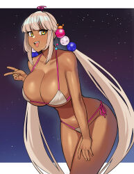 Rule 34 | 1girl, bare shoulders, bikini, breasts, cleavage, commentary, dark-skinned female, dark skin, donburi (donburikazoku), female focus, hair ornament, hand on own thigh, highres, hololive, hololive english, huge breasts, leaning forward, long hair, looking at viewer, low twintails, open mouth, planet hair ornament, side-tie bikini bottom, smile, solo, strap gap, string bikini, swimsuit, teeth, thighs, tsukumo sana, twintails, underboob, upper teeth only, v, very long hair, virtual youtuber, white bikini, yellow eyes
