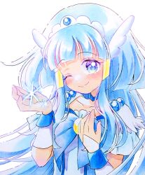 Rule 34 | 1girl, absurdres, aoki reika, arm up, blue eyes, blue hair, blue theme, blush, bow, choker, commentary request, cure beauty, hair tubes, head wings, highres, jewelry, lilylily0601, lipgloss, long hair, looking at viewer, magical girl, one eye closed, precure, sidelocks, smile, smile precure!, snowflakes, solo, tiara, white background, wings, wrist cuffs