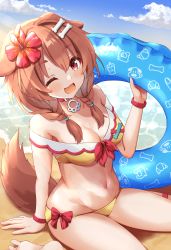 Rule 34 | 1girl, ;d, adapted costume, animal ears, arm support, barefoot, bikini, blush, bone hair ornament, braid, breasts, brown eyes, brown hair, cartoon bone, cleavage, cloud, commentary request, day, dog ears, dog girl, dog tail, fangs, flower, groin, hair flower, hair ornament, hair over shoulder, highres, holding, holding swim ring, hololive, innertube, inugami korone, long hair, looking at viewer, low twintails, medium breasts, minazuki mizu, navel, off-shoulder bikini, off shoulder, one eye closed, open mouth, outdoors, red flower, sitting, smile, solo, swim ring, swimsuit, tail, twin braids, twintails, virtual youtuber, wariza, yellow bikini