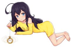 Rule 34 | 1girl, ahoge, barefoot, black hair, blouse, blue eyes, child, commission, curly hair, feet, femdom, flat chest, full body, highres, holding, holding pocket watch, hypno-tan, hypnohub, hypnosis, long hair, mind control, nyatrix, off shoulder, original, pendulum, pocket watch, second-party source, shirt, soles, solo, transparent background, watch, yellow shirt