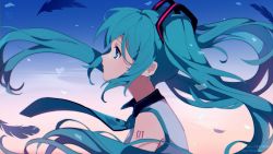 Rule 34 | 1girl, absurdres, blue eyes, blue hair, detached sleeves, hatsune miku, highres, long hair, necktie, netapai1, sleeveless, solo, symbol-only commentary, tattoo, twintails, very long hair, vocaloid