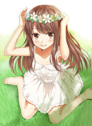 Rule 34 | 1girl, armpits, arms up, bad id, bad pixiv id, barefoot, blush, brown eyes, brown hair, circle skirt, collarbone, dress, flower, grass, head wreath, heirou, long hair, looking at viewer, on ground, original, sitting, smile, solo, sundress, wariza, wreath