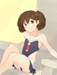 Rule 34 | 1girl, ass, bare shoulders, brown eyes, brown hair, co botan, cosplay, couch, grin, highres, kantai collection, looking at viewer, necktie, one-piece swimsuit, red necktie, ryuujou (kancolle), shigure (kancolle), shigure (kancolle) (cosplay), sitting, smile, solo, swimsuit, twintails