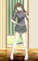 Rule 34 | 1girl, brown eyes, brown hair, casual, clothes writing, hand on own hip, long hair, metal gear (series), metal gear solid, minami-ke, minami kana, miniskirt, parody, pointing, pointing at viewer, shirt, sig (sfried), skirt, socks, solo, t-shirt, text focus, translated, twintails