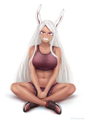 Rule 34 | 1girl, :d, absurdres, animal ears, between legs, boku no hero academia, breasts, dark-skinned female, dark skin, hand between legs, highres, indian style, large breasts, long eyelashes, long hair, looking at viewer, midriff, mirko, mokuka noe, navel, nike (company), open mouth, parted bangs, rabbit ears, rabbit girl, red eyes, red footwear, red shorts, red sports bra, shoes, shorts, sitting, smile, sneakers, solo, sports bra, teeth, toned, twitter username, white background, white hair