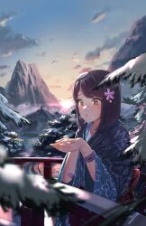 Rule 34 | 1girl, absurdres, bandaid, bandaid on arm, blurry, blurry foreground, brown hair, cherry blossoms, cupping hands, day, fir tree, highres, holding, japanese clothes, kimono, medium hair, mountain, nail polish, open mouth, original, outdoors, own hands together, pine tree, snow, snow on face, snow on head, snow on tree, solo, sun, sunrise, tilapiawest, tree, watch, water, wristwatch, yellow eyes