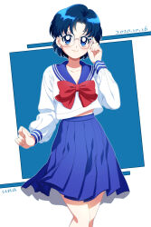 Rule 34 | 1girl, absurdres, adjusting eyewear, artist name, bishoujo senshi sailor moon, blue background, blue eyes, blue hair, blue sailor collar, blue skirt, bow, bowtie, collarbone, commentary, dated, glasses, highres, juuban middle school uniform, mizuno ami, nagisa iwa, pleated skirt, red bow, red bowtie, sailor collar, school uniform, serafuku, shirt, short hair, skirt, smile, solo, white shirt