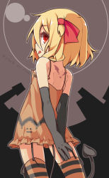 Rule 34 | 1girl, :q, arms behind back, bare shoulders, black gloves, blonde hair, demon tail, dress, elbow gloves, from behind, garter straps, gloves, halloween, halloween costume, highres, interlocked fingers, own hands clasped, own hands together, red eyes, rumia, shamo (koumakantv), short dress, short hair, solo, striped clothes, striped thighhighs, tail, thighhighs, tongue, tongue out, touhou, zettai ryouiki