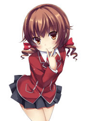 Rule 34 | 10s, 1girl, arm behind back, bad id, bad pixiv id, blazer, bow, bowtie, brown eyes, brown hair, curly hair, guilty crown, hair bow, highres, jacket, leaning forward, liong, looking at viewer, menjou hare, pleated skirt, school uniform, short hair, short twintails, simple background, skirt, smile, solo, twintails, white background
