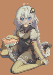 Rule 34 | 1girl, absurdres, ahoge, black dress, blue eyes, braid, breasts, chips (food), collared shirt, cross tie, dress, earpiece, elbow gloves, food, food in mouth, full body, gloves, grey hair, hair ornament, hand on own foot, highres, kizuna akari, kyo mizusawa, large breasts, long hair, looking at viewer, low twin braids, no shoes, orange background, orange gloves, orange pantyhose, pantyhose, pinafore dress, potato chips, puffy short sleeves, puffy sleeves, ribbed shirt, shirt, short sleeves, simple background, sitting, sleeveless, sleeveless dress, solo, twin braids, very long hair, vocaloid, voiceroid, wariza, white shirt