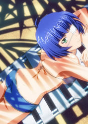 Rule 34 | 1girl, ass, bare arms, beach, bikini, blue bikini, blue hair, breasts, cleavage, closed mouth, dimples of venus, eyepatch, from above, green eyes, ikkitousen, large breasts, looking at viewer, lying, mole, mole under mouth, on stomach, ryomou shimei, short hair, shoulder blades, sideboob, smile, solo, summer, sunlight, swimsuit