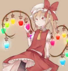Rule 34 | 1girl, :/, ascot, ayahito (aya10n), black thighhighs, blonde hair, bow, brown background, closed mouth, collared shirt, commentary, cowboy shot, eyebrows hidden by hair, fingernails, flandre scarlet, frilled skirt, frills, hat, hat bow, holding, holding jar, jar, long hair, looking at object, mob cap, nail polish, pointy ears, raised eyebrow, red bow, red eyes, red nails, red skirt, red vest, shirt, short sleeves, side ponytail, simple background, skirt, skirt set, solo, thighhighs, touhou, vest, white hat, white shirt, wings, wrist cuffs, yellow ascot