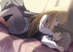 Rule 34 | 2girls, ange (princess principal), black dress, blonde hair, brown hair, commentary, dress, eye contact, hand on another&#039;s chin, harikonoma, highres, indoors, long sleeves, looking at another, lying, multiple girls, on back, on bed, pantyhose, princess (princess principal), princess principal, school uniform, smile, yuri