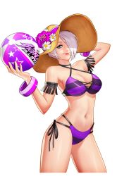 Rule 34 | 1girl, angel (kof), arm behind head, artist request, ball, bare shoulders, beachball, bikini, blue eyes, bracelet, breasts, cleavage, closed mouth, collarbone, copyright name, fingernails, flower, hair over one eye, halterneck, hand up, hat, highres, holding, jewelry, lips, logo, looking at viewer, medium breasts, navel, official art, shiny clothes, shiny skin, short hair, side-tie bikini bottom, smile, solo, standing, stomach, striped, sun hat, swimsuit, the king of fighters, the king of fighters all-stars, transparent background, white hair