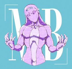Rule 34 | 1other, artsy-rc, blue background, commentary, english commentary, hands up, head tilt, highres, jojo no kimyou na bouken, looking at viewer, moody blues (stand), solo, stand, stand (jojo), static, upper body, vento aureo