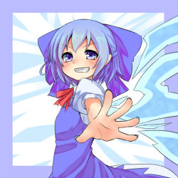 Rule 34 | 1girl, blue hair, blush, bow, cirno, grin, hair bow, ice, ice wings, jd (bibirijd), puffy sleeves, purple eyes, short hair, short sleeves, smile, solo, touhou, wings