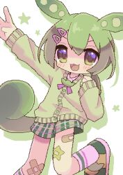 Rule 34 | 1girl, :3, arm up, bandaid, bandaid on leg, cardigan, clenched hand, collared shirt, commentary request, green hair, hair between eyes, hair ornament, hairclip, hand up, highres, koniroobake, leg up, long sleeves, looking at viewer, miniskirt, open mouth, pixel art, plaid, plaid skirt, shirt, shoes, skirt, socks, solo, star (symbol), voicevox, yellow eyes, zundamon