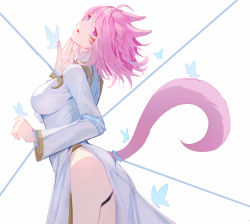 Rule 34 | 1girl, animal ears, ass, warrior of light (ff14), black panties, blue butterfly, blue eyes, bound, breasts, bug, butterfly, cat ears, cat girl, cat tail, commentary, cowboy shot, dress, facial mark, final fantasy, final fantasy xiv, hand up, head tilt, heterochromia, highres, insect, long sleeves, looking at viewer, lyra-kotto, medium breasts, miqo&#039;te, panties, parted lips, pink eyes, pink hair, simple background, solo, tail, tied up (nonsexual), underwear, whisker markings, white background, white dress