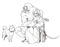 Rule 34 | 1boy, 1girl, bad id, bad pixiv id, dog, closed eyes, gas mask, goggles, height difference, mask, monster, muscular, oikawa uso, old, original, side ponytail, sketch, smile, wheelchair