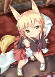 Rule 34 | 1girl, absurdres, animal ears, bare shoulders, detached sleeves, fox ears, fox tail, from above, highres, japanese clothes, kemonomimi mode, looking at viewer, nontraditional miko, numahata tofu., original, short hair, sitting, solo, tail, wooden floor, yellow eyes