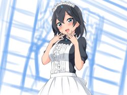 Rule 34 | 1girl, absurdres, alternate costume, apron, black dress, black hair, blue eyes, blush, commentary, dress, enmaided, hand to own mouth, head wings, high collar, highres, kemono friends, looking at viewer, maid, maid apron, maid headdress, open mouth, puffy short sleeves, puffy sleeves, shiraha maru, short hair, short sleeves, sketch, smile, solo, standing, superb bird-of-paradise (kemono friends), twitter username, white apron, wings