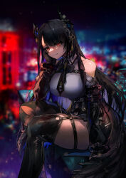 Rule 34 | 1girl, absurdres, asymmetrical horns, bare shoulders, black hair, blue hair, breasts, clothing cutout, colored inner hair, demon horns, dress, fur trim, hair ornament, highres, hololive, hololive english, horns, large breasts, long hair, looking at viewer, mole, mole under eye, multicolored hair, nerissa ravencroft, nerissa ravencroft (1st costume), red eyes, shoulder cutout, smile, solo, thick thighs, thighhighs, thighs, two-tone hair, uneven horns, virtual youtuber, vyragami