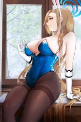Rule 34 | 1girl, absurdres, animal ears, arm behind back, asuna (blue archive), asuna (bunny) (blue archive), bare shoulders, blonde hair, blue archive, blue eyes, blue leotard, branch, breasts, brown pantyhose, cleavage, covered navel, curled fingers, eyelashes, fake animal ears, gloves, hair over shoulder, halo, hand up, headband, highleg, highleg leotard, highres, large breasts, leotard, long hair, looking away, no bra, open mouth, pantyhose, playboy bunny, shiro0100, sideboob, sidelocks, sitting, solo, strapless, strapless leotard, teeth, thighs, tree, very long hair, white gloves, white headband, window, windowsill