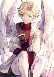 Rule 34 | 1boy, androgynous, angel, angel wings, arms between legs, blonde hair, blue eyes, closed mouth, commentary, expressionless, eyelashes, head wings, highres, leggings, looking at viewer, male focus, miyama (lacrima01), puffy sleeves, sanatio (unicorn overlord), short hair, signature, sitting, sketch, swept bangs, turtleneck, unicorn overlord, white background, white leggings, wings