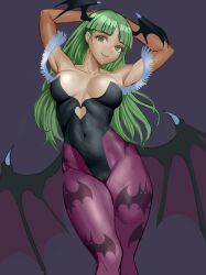 Rule 34 | 1girl, armpits, arms behind head, bat wings, breasts, capcom, covered navel, demon girl, green eyes, green hair, highres, large breasts, legs, long hair, looking at viewer, morrigan aensland, smile, solo, thick thighs, thighs, toned, vampire (game), wings