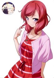 Rule 34 | 10s, 1girl, blush, twirling hair, highres, jewelry, love live!, love live! school idol festival, love live! school idol project, necklace, nishikino maki, phuong0103hcm, purple eyes, red hair, short hair, smile, solo, watermark, white background