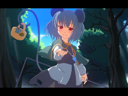 Rule 34 | 1girl, animal ears, basket, chiyano, cloud, female focus, grey hair, jewelry, letterboxed, mouse (animal), mouse ears, mouse tail, nazrin, outdoors, pendant, plant, red eyes, short hair, sky, solo, standing, tail, touhou, tree