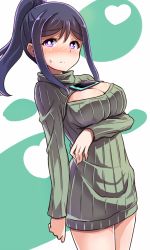 Rule 34 | 10s, 1girl, blue hair, blush, breast lift, breasts, cellphone, cleavage, cleavage cutout, clothing cutout, embarrassed, frown, highres, large breasts, long hair, long sleeves, looking at viewer, love live!, love live! school idol festival, love live! sunshine!!, matsuura kanan, meme attire, no pants, object on breast, open-chest sweater, phone, ponytail, purple eyes, ribbed sweater, shipii (jigglypuff), sidelocks, smartphone, solo, sweatdrop, sweater, tawawa challenge