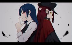 Rule 34 | 2girls, back-to-back, black hair, blouse, blue hair, cloak, finger to mouth, hair ornament, hairclip, hat, letterboxed, long hair, looking at viewer, love live!, love live! school idol project, love live! sunshine!!, multiple girls, necktie, red eyes, red hair, sakurauchi riko, sellel, shirt, smile, tsushima yoshiko, vest, yellow eyes
