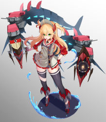 Rule 34 | 1girl, :o, admiral hipper (azur lane), ahoge, aiming, aiming at viewer, armpit cutout, azur lane, bad id, bad pixiv id, black thighhighs, blonde hair, blush, boots, buttons, choker, clothing cutout, collarbone, commentary, cross, double-breasted, dress, elbow sleeve, flat chest, frilled dress, frills, full body, gloves, glowing, glowing eyes, gradient background, green eyes, grey background, grey dress, grey gloves, hair between eyes, hand on own hip, headgear, highres, iron cross, knee boots, long hair, looking at viewer, mole, mole under eye, open mouth, red gloves, rigging, rudder footwear, shadow, sidelocks, simple background, skindentation, smoke, solo, standing, tachi-e, teeth, thighhighs, turret, two-tone gloves, two side up, yukina (fall), zettai ryouiki