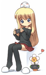 Rule 34 | 1girl, black thighhighs, blonde hair, blue eyes, blush, flower, handheld game console, long hair, nakopapa, original, playstation portable, shoes, simple background, single shoe, slippers, solo, sweater, thighhighs