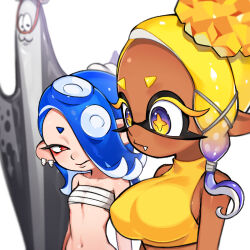 Rule 34 | 2girls, bandages, bandeau, bare arms, bare shoulders, big man (splatoon), blonde hair, blue hair, breast envy, breasts, chest sarashi, commentary request, crop top, dark skin, frye (splatoon), highres, inkling, large breasts, long hair, looking at another, midriff, multiple girls, navel, nintendo, octoling, paripi nasubi, pointy ears, red eyes, sarashi, shirt, shiver (splatoon), simple background, sleeveless, sleeveless shirt, splatoon (series), splatoon 3, stomach, strapless, tube top, upper body, white background, yellow eyes, yellow shirt