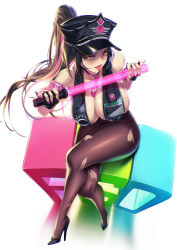Rule 34 | 1girl, absurdres, bare shoulders, bikini, black bikini, black bodysuit, black hair, blueorca, bodysuit, breasts, cleavage, crossed legs, facial mark, fate/grand order, fate (series), forehead mark, hat, high heels, highres, holding, long hair, looking at viewer, multicolored hair, nail polish, peaked cap, pink hair, ponytail, purple nails, sessyoin kiara, sessyoin kiara (swimsuit mooncancer), sessyoin kiara (swimsuit mooncancer) (second ascension), sitting, solo, stiletto heels, streaked hair, swimsuit, thighs, tongue, tongue out, torn bodysuit, torn clothes, yellow eyes