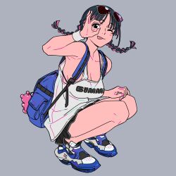 Rule 34 | 1girl, absurdres, backpack, bag, glasses on head, grey background, highres, one eye closed, original, squatting, tank top, tarou2, tongue, tongue out, twintails, white tank top