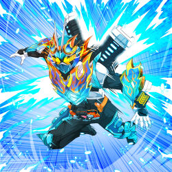 Rule 34 | 1boy, absurdres, antennae, armor, black bodysuit, blue armor, blue fire, bodysuit, dopemi, finishing move, fire, flame print, gloves, glowing, goggles, goggles on head, gotcha driver, highres, kamen rider, kamen rider fire gotchard, kamen rider gotchard, kamen rider gotchard (series), orange armor, orange eyes, rider belt, solo, thrusters, tokusatsu, white gloves