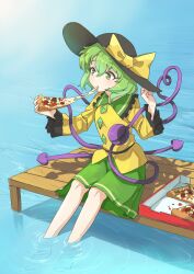 Rule 34 | 1girl, absurdres, black hat, bow, cheese, commentary request, eating, eyelashes, food, frilled shirt collar, frills, full body, green eyes, green hair, green skirt, hair between eyes, hat, hat bow, highres, holding, holding food, holding pizza, komeiji koishi, long sleeves, miroku (mirokusan36), olive, pepperoni, pizza, pizza slice, shadow, shirt, short hair, sitting, skirt, soaking feet, solo, touhou, yellow bow, yellow shirt