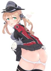 Rule 34 | 1girl, alakoala, anchor hair ornament, aqua eyes, ass, black legwear, black skirt, blonde hair, butt crack, camouflage, clothes lift, gloves, hair ornament, hat, highres, kantai collection, long hair, looking back, low twintails, microskirt, military, military hat, military uniform, panties, panty pull, pleated skirt, prinz eugen (kancolle), skirt, skirt lift, tongue, tongue out, twintails, underwear, uniform, white gloves, white panties