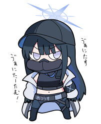 Rule 34 | 1girl, baseball cap, black footwear, black gloves, black hair, black hat, black pants, black shirt, blue archive, blue hair, boots, chibi, crop top, full body, gloves, grey eyes, halo, hat, jacket, knee boots, long hair, long sleeves, looking at viewer, mask, midriff, mouth mask, multicolored hair, navel, nyaru (nyaru 4126), open clothes, open jacket, pants, puffy long sleeves, puffy sleeves, saori (blue archive), shirt, simple background, sleeves past wrists, solo, standing, translation request, two-tone hair, v-shaped eyebrows, very long hair, white background, white jacket