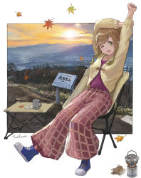 Rule 34 | 1girl, arms up, autumn leaves, blue footwear, breasts, camping chair, cardigan, cup, fang, green eyes, highres, inuyama aoi, iwauchi tomoki, leaf, light brown hair, loose pants, mountain, one eye closed, open mouth, outdoors, pants, shoes, sidelocks, signature, sitting, skin fang, sneakers, solo, stretching, sunset, thick eyebrows, yellow cardigan, yurucamp