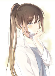 Rule 34 | 1girl, brown hair, closed mouth, coat, from side, grey eyes, grey shirt, hand up, high ponytail, long hair, long sleeves, looking at viewer, lpip, open clothes, open coat, original, ponytail, shirt, sidelocks, solo, upper body, white coat, wing collar